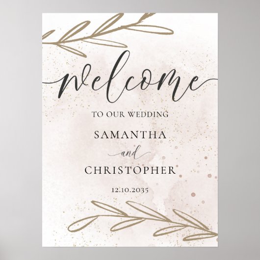 エレガント金ゴールド&ベージュの葉の水の色結婚の ポスター (正面)