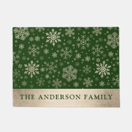 エレガント金ゴールド&モダン緑の雪片クリスマス ドアマット