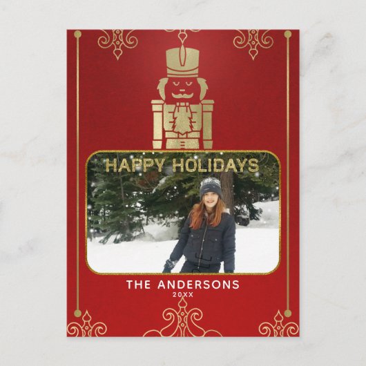 エレガント金ゴールド&レッドくるみ割り付けホリデーフォト シーズンポストカード (正面)
