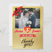 エレガント金ゴールド&レッドリボンカスタムフォト結婚ズ サンキューカード (正面)
