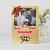 エレガント金ゴールド&レッドリボンカスタムフォト結婚ズ サンキューカード (スタンド正面)