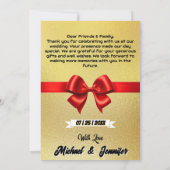 エレガント金ゴールド&レッドリボンカスタムフォト結婚ズ サンキューカード (裏面)