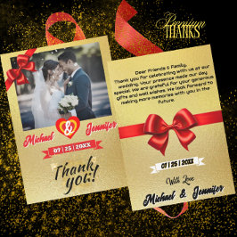 エレガント金ゴールド&レッドリボンカスタムフォト結婚ズ サンキューカード