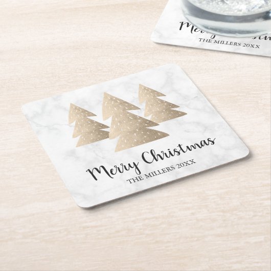 エレガント金ゴールド&白大理石メリークリスマスツリー スクエアペーパーコースター (アングル)
