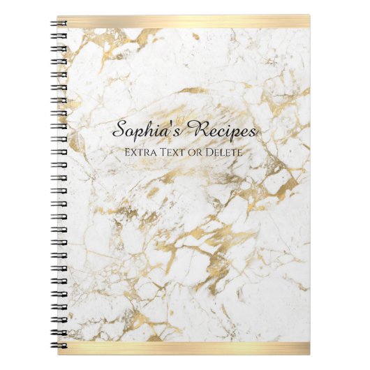 エレガント金ゴールド/白大理石、金ゴールドバー、名前とタイトル ノートブック (正面)