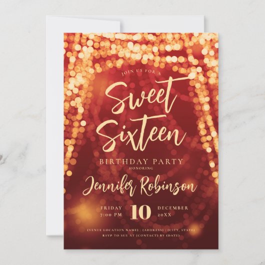エレガント金ゴールド&赤ストリングライトフォトスイート16 招待状 (正面)