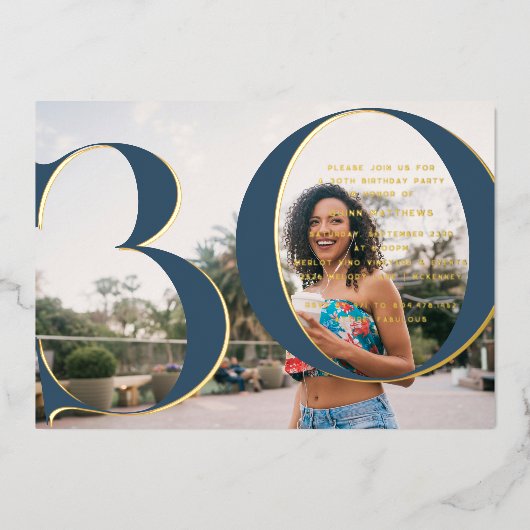 エレガント金ゴールド | 30th誕生日パーティー写真 箔招待状 (正面)