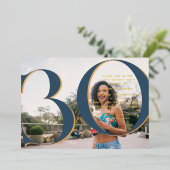 エレガント金ゴールド | 30th誕生日パーティー写真 箔招待状 (立ち正面)