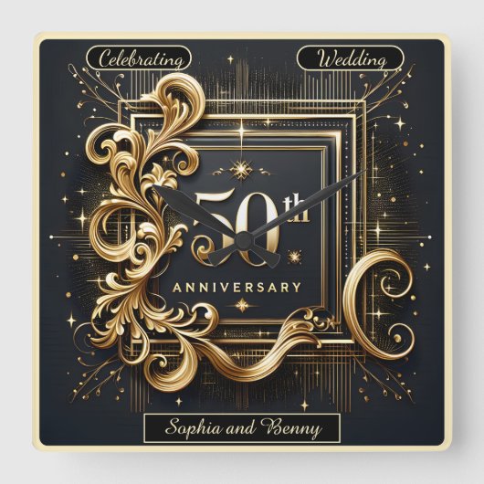 エレガント金ゴールド: 50周年記念デザイン スクエア壁時計 (正面)