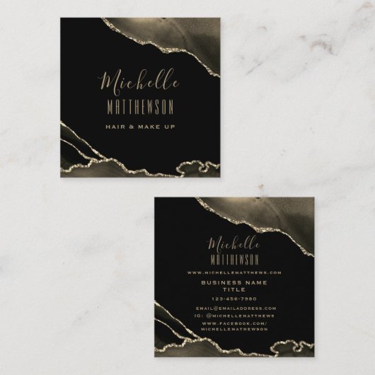 エレガント金ゴールドBlack Agate大理石スクリプト スクエア名刺 (正面/裏面)