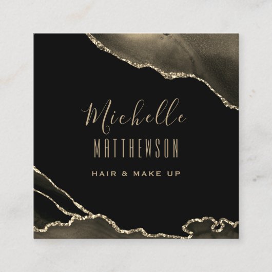 エレガント金ゴールドBlack Agate大理石スクリプト スクエア名刺 (正面)