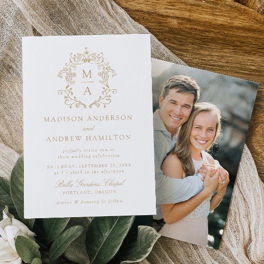 エレガント金ゴールドChinoiserieフローラ結婚写真 招待状