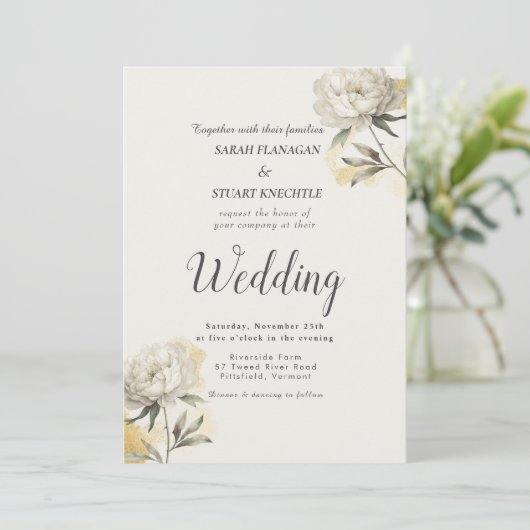 エレガント金ゴールドPeony写真QRコード結婚 招待状 (スタンド正面)