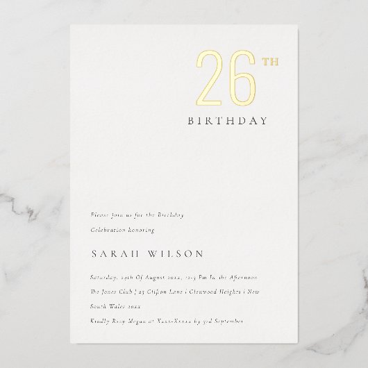 エレガント金ミニマル箔Any Age誕生日 箔招待状 (正面)