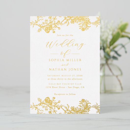 エレガント金実在箔フローラレーススクリプ結婚ト 箔招待状 (立ち正面)
