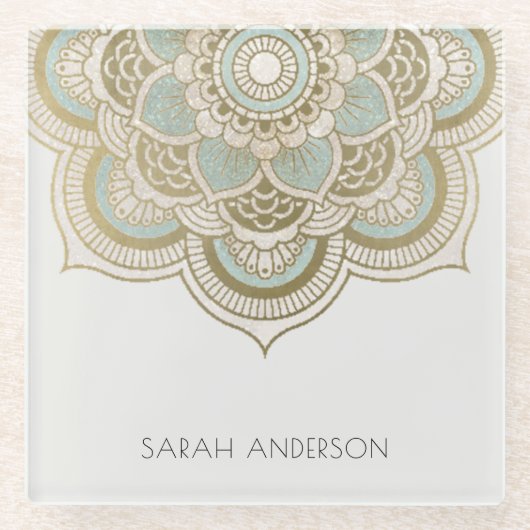 エレガント金箔ティール（緑がかった色）ターコイズ ガラスコースター (正面)