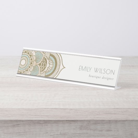 エレガント金華美箔ティール(緑がかった色)ターコイズ曼荼羅 デスクネームプレート (正面)