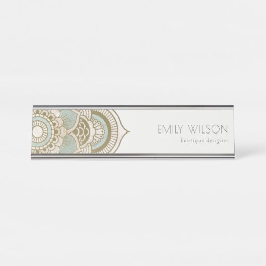エレガント金華美箔ティール(緑がかった色)ターコイズ曼荼羅 デスクネームプレート (正面)