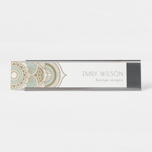 エレガント金華美箔ティール(緑がかった色)ターコイズ曼荼羅 デスクネームプレート (正面)