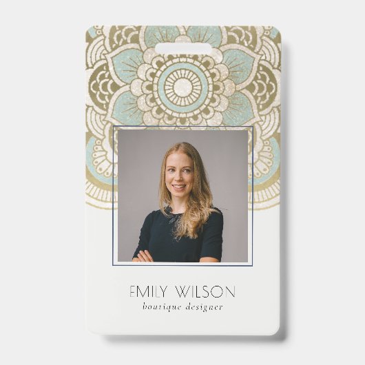 エレガント金華美箔ティール（緑がかった色）マンダラ写真 バッジ (表面)