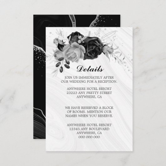 エレガント銀と黒の花と葉詳細 エンクロージャーカード (正面/裏面)