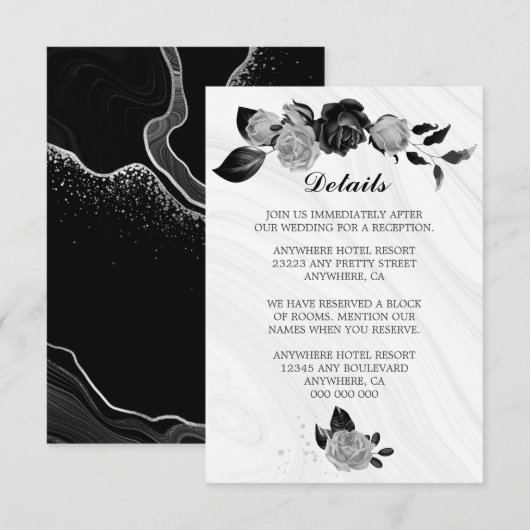 エレガント銀と黒の花と葉詳細 エンクロージャーカード (正面/裏面)