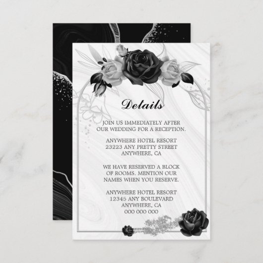 エレガント銀と黒の花と葉詳細 エンクロージャーカード (正面/裏面)