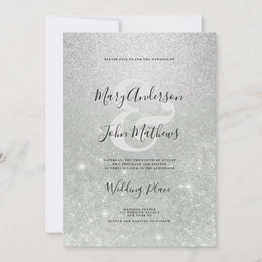 エレガント銀グラデーショングリッター結婚アンパサンド 招待状 (正面)