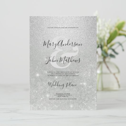 エレガント銀グラデーショングリッター結婚アンパサンド 招待状 (スタンド正面)