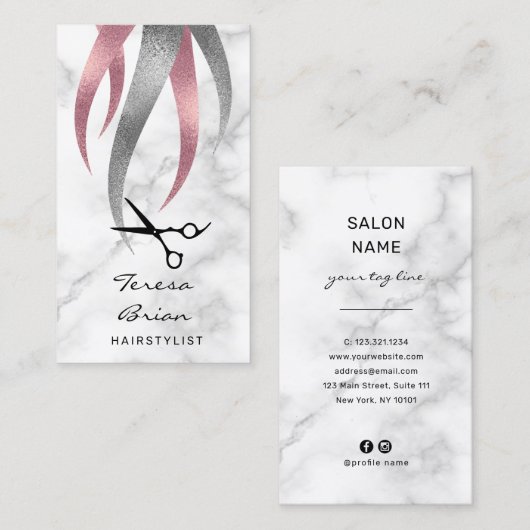 エレガント銀モダンとピンクのシザースヘアスタイリスト 名刺 (正面/裏面)