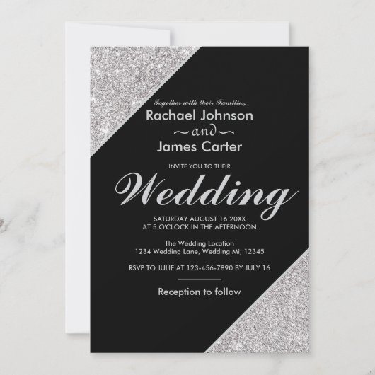 エレガント銀モダングリッターオン黒 招待状 (正面)