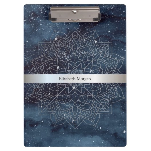 エレガント銀モダンマンダラストライプネイビーブルー クリップボード (正面)