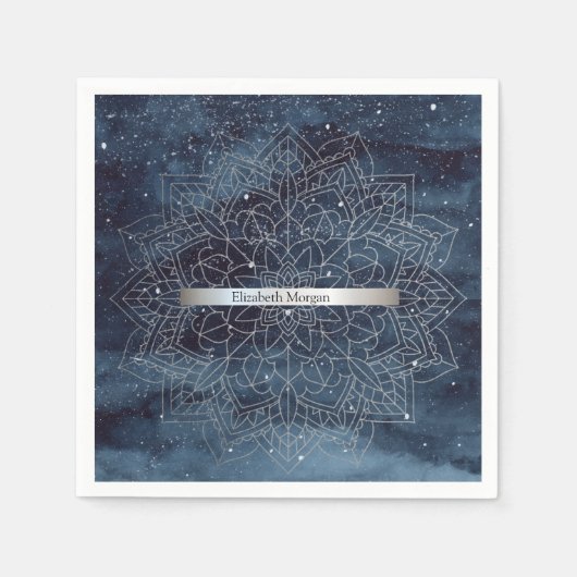 エレガント銀モダンマンダラストライプネイビーブルー スタンダードカクテルナプキン (正面)