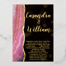 エレガント銀河系アゲートヘードピンク&金ゴールド結婚ズ 箔招待状