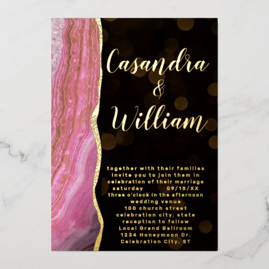 エレガント銀河系アゲートヘードピンク&金ゴールド結婚ズ 箔招待状 (正面)