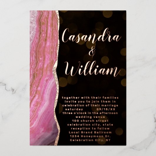 エレガント銀河系アゲートヘードピンク&金ゴールド結婚ズ 箔招待状 (正面)