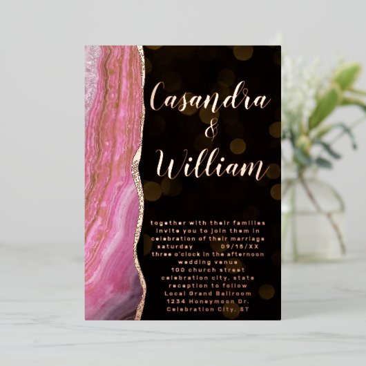 エレガント銀河系アゲートヘードピンク&金ゴールド結婚ズ 箔招待状 (立ち正面)