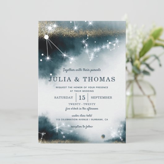 エレガント銀河系ブルー金ゴールドスタ結婚ーズ 招待状 (スタンド正面)