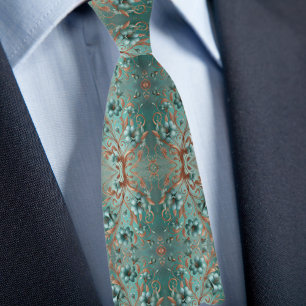 エレガント銅とターコイズのミニマル花 ネクタイ