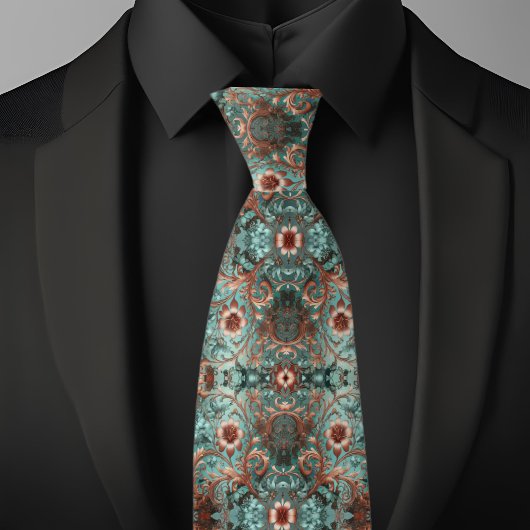 エレガント銅とターコイズフォーマルフローラ ネクタイ