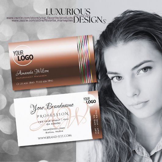 エレガント銅と白のカラフルストライプロゴ 名刺