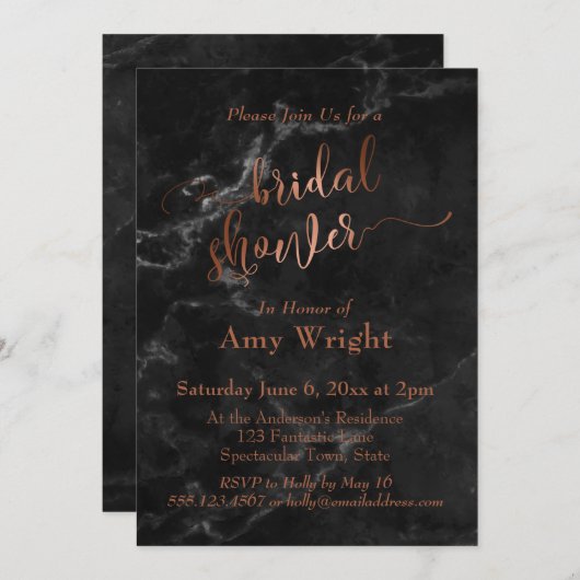 エレガント銅スクリプトブライダルシャワー黒大理石 招待状 (正面/裏面)