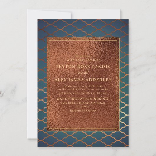 エレガント銅スタイリッシュティール（緑がかった色）金ゴールド結婚式の招待 招待状 (正面)