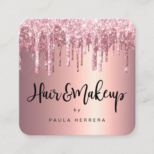 エレガント銅バラ金ゴールドグリッタードリップヘア化粧 スクエア名刺 (正面)