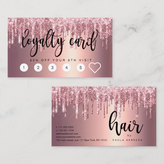 エレガント銅バラ金ゴールドグリッタードリップ美容師 ロイヤリティカード (正面/裏面)