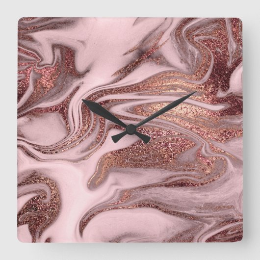 エレガント銅モダンバラ金ゴールドとピンクの大理石ルック スクエア壁時計 (正面)