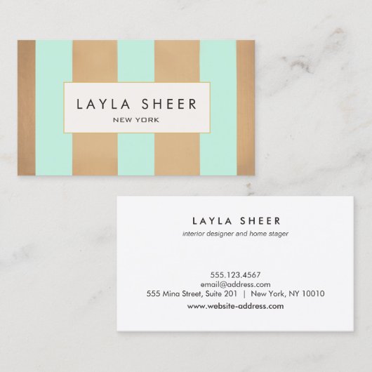エレガント銅金ゴールドとターコイズストライプ 名刺 (正面/裏面)