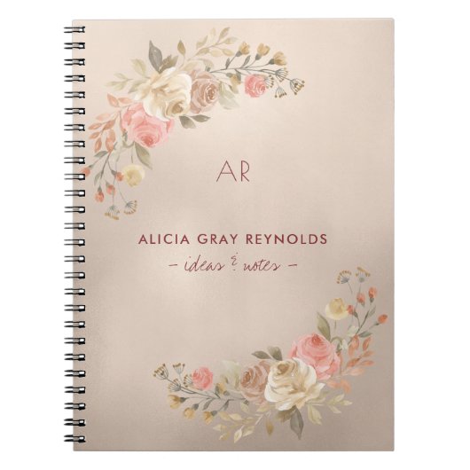 エレガント銅金箔モノグラムのフローラ ノートブック (正面)