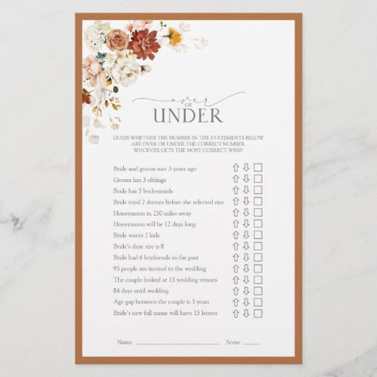 エレガント錆オレンジフローラブライダルシャワーゲーム (正面)