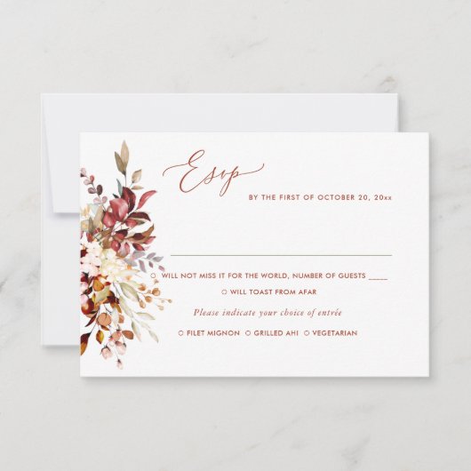 エレガント錆オレンジ秋ユーカリプトゥス、食事RSVP 招待状 (正面)